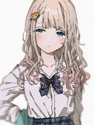 1girl animal_hair_ornament blue_bow blue_bowtie blue_eyes blue_skirt blurry bow bowtie breasts closed_mouth collarbone depth_of_field dot_nose grey_hair gyaru hair_ornament hairclip hand_on_own_hip idolmaster idolmaster_shiny_colors iwawa long_hair long_sleeves looking_at_viewer plaid_bow plaid_bowtie plaid_clothes plaid_skirt school_uniform serizawa_asahi shirt skirt small_breasts solo upper_body white_background white_shirt