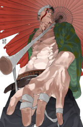 1boy abs absurdres belt commentary dandadan ear_piercing eyebrow_piercing highres holding male_focus muscular muscular_male oil-paper_umbrella pakupaku_keema pectorals piercing red_eyes red_umbrella tall_male transformation umbrella underwear unji_zuma white_hair