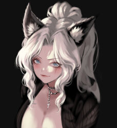 1girl absurdres animal_ear_fluff animal_ears black_background black_shirt blue_eyes breasts cleavage closed_mouth cross cross_necklace eyelashes highres jewelry lips long_hair mad_kimo necklace open_clothes open_shirt original ponytail ribbed_shirt scar scar_across_eye scar_on_face shirt solo upper_body
