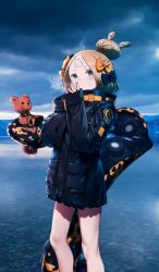 1girl abigail_williams_(fate) abigail_williams_(traveling_outfit)_(fate) bandaid bandaid_on_face bandaid_on_forehead bare_legs black_bow black_jacket blonde_hair blue_background blue_eyes bow commentary covered_mouth fate/grand_order fate_(series) hair_bow hair_bun jacket kuroboshi_kouhaku long_sleeves multiple_hair_bows official_art orange_bow overcast own_hands_together parted_bangs photo_background sky sleeves_past_wrists solo standing stuffed_animal stuffed_toy teddy_bear tentacles third-party_source water