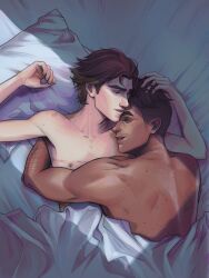 2boys arcane:_league_of_legends arcane_jayce arms_up bed_sheet brown_hair collarbone commentary couple dark-skinned_male dark_skin english_commentary gloriousjvk hand_on_another&#039;s_head highres jayce_(league_of_legends) league_of_legends lying male_focus mastectomy_scar mole multiple_boys nipples on_back parted_lips pillow scar scar_on_chest short_hair smile thick_eyebrows under_covers viktor_(arcane) viktor_(league_of_legends) yaoi