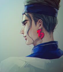 Rule 34 | 1boy, back, close-up, closed mouth, coat, earrings, green hair, grey background, jewelry, jojo no kimyou na bouken, lips, long hair, male focus, meron nouka, open clothes, solo, stardust crusaders, terence t. d&#039;arby, upper body, white coat