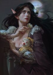 Rule 34 | 1girl, absurdres, bella bergolts, black hair, breasts, character request, clown, colored sclera, copyright request, doll, dress, elf, flower, highres, long hair, long pointy ears, moon, pointy ears, realistic, smile, solo, white eyes