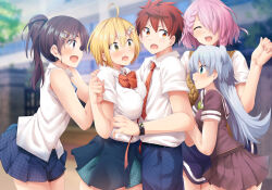 1boy 4girls ahoge aqua_eyes bare_arms bare_shoulders black_eyes black_hair blonde_hair blue_pants blue_skirt blurry blurry_background blush bow bowtie braid breast_press breasts brown_shirt brown_skirt brown_sweater_vest checkered_clothes checkered_skirt closed_eyes collared_shirt commentary_request diagonal-striped_bow diagonal-striped_bowtie diagonal-striped_clothes diagonal-striped_necktie dokyuu_hentai_hxeros enjou_retto eyes_visible_through_hair fang green_eyes green_neckerchief green_skirt grey_hair hair_between_eyes hair_ornament hair_over_one_eye hands_up high_ponytail highres hoshino_kirara large_breasts long_hair looking_at_another looking_to_the_side medium_hair miniskirt momozono_momoka multiple_girls neckerchief necktie official_art open_mouth orange_bow orange_bowtie orange_necktie outdoors pants pink_hair pleated_skirt ponytail red_eyes red_hair ryouma_(galley) school_uniform shirayuki_maihime shirt short_hair short_sleeves skirt sleeveless sleeveless_shirt smile standing star_(symbol) star_hair_ornament striped_clothes sweater_vest tenkuuji_sora watch white_shirt wing_collar wristwatch