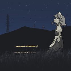 1girl apron blue_sky bow braid closed_mouth commentary_request dress expressionless full_body grass grey_theme hair_bow highres izayoi_sakuya looking_afar maid maid_headdress mountain night night_sky outdoors puffy_short_sleeves puffy_sleeves short_hair short_sleeves sky solo sri_1127 standing star_(sky) starry_sky touhou train transmission_tower twin_braids waist_apron windmill