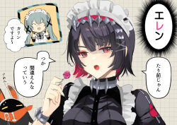 2girls apron bangboo_(zenless_zone_zero) black_hair candy colored_inner_hair corin_wickes ellen_joe eous_(zenless_zone_zero) food green_hair hairband highres holding holding_candy holding_food holding_lollipop komesiwo_syumi lollipop maid_headdress metal_hairband mole mole_under_eye multicolored_hair multiple_girls razor_blade_hair_ornament red_eyes short_hair speech_bubble spiked_headband twintails upper_body white_apron zenless_zone_zero