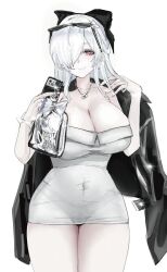 1girl black_coat breasts cinderella_(beautiful_me)_(nikke) cinderella_(nikke) cleavage coat covered_navel dress eyewear_on_head goddess_of_victory:_nikke grey_hair hair_down highres large_breasts lzyhyt13024 official_alternate_hairstyle red_eyes see-through_clothes see-through_dress solo sunglasses