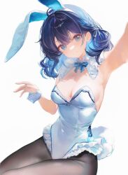 Rule 34 | 1girl, animal ear hairband, animal ears, armpits, black pantyhose, blue bow, blue bowtie, blue eyes, blue hair, blue nails, bow, bowtie, breasts, cleavage, detached collar, fake animal ears, hairband, highres, kagefumi, leotard, medium breasts, original, pantyhose, rabbit ear hairband, rabbit ears, rabbit tail, reaching, reaching towards viewer, short hair, simple background, smile, solo, strapless, strapless leotard, tail, white background, white leotard, wrist cuffs
