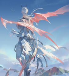 Rule 34 | 1boy, absurdres, back, back focus, belt, boots, dragon boy, dragon horns, dragon tail, dragon wings, endofthepage, full body, highres, horns, long hair, love and deepspace, male focus, moon, mountain, official alternate costume, sky, solo, sylus (love and deepspace), tail, white hair, wings