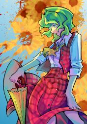 1girl ascot blue_background collared_shirt flower green_hair holding holding_umbrella kazami_yuuka plaid_clothes plaid_skirt plaid_vest red_eyes shirt skirt solo sunflower termoika touhou umbrella vest white_shirt yellow_ascot