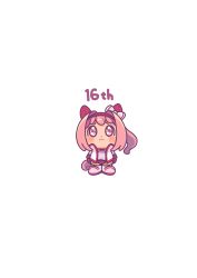1girl :3 absurdres animal_ears blush_stickers bow buruma chibi closed_mouth commentary ear_bow flower-shaped_pupils full_body gameplay_mechanics gloves gym_shirt gym_uniform hairband haru_urara_(umamusume) highres horse_ears horse_girl horse_tail jacket moko39_takasora open_clothes open_jacket pink_hair ponytail purple_eyes red_buruma red_gloves red_hairband shirt shoes simple_background solo standing symbol-shaped_pupils tail umamusume white_background white_bow white_jacket white_shirt white_shoes