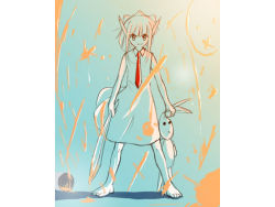 00s 1girl android blonde_hair blue_theme chachazero female_focus full_body looking_at_viewer mahou_sensei_negima! monochrome necktie red_necktie short_hair solo spot_color standing stuffed_animal stuffed_toy weapon