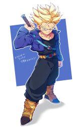 Rule 34 | 1boy, black pants, black shirt, blonde hair, blue jacket, boots, dragon ball, dragonball z, green eyes, highres, holding, holding sword, holding weapon, jacket, komesan 0212, muscular, muscular male, pants, shirt, short hair, simple background, solo, spiked hair, super saiyan, super saiyan 1, sword, sword on back, translation request, trunks (dragon ball), trunks (future) (dragon ball), weapon, weapon on back, white background