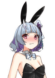 Rule 34 | 1girl, :/, animal ears, black leotard, blunt bangs, blush, bow, bowtie, breasts, busou kanojo, colored inner hair, detached collar, fake animal ears, grey bow, grey bowtie, grey hair, hair ornament, horns, leotard, medium hair, multicolored hair, nenemaru (busou kanojo), oversized breast cup, playboy bunny, purple hair, rabbit ears, single horn, small breasts, solo, strapless, strapless leotard, tenbin gashira, traditional bowtie, two-tone hair, upper body, virtual youtuber, wavy mouth
