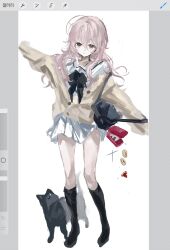 Rule 34 | 1girl, arm up, bag, black bow, black bowtie, black socks, black thighhighs, bow, bowtie, buttons, cardigan, cat, dropping, eru (totono), falling, handbag, highres, kimi to kanojo to kanojo no koi., korean text, long hair, messy hair, mukou aoi (totono), nitroplus, pink hair, pleated skirt, sailor collar, school uniform, serafuku, skirt, socks, straight hair, thighhighs, toqha3247, unfinished, white sailor collar, white serafuku, white skirt, yellow cardigan, yellow eyes
