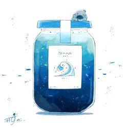 Rule 34 | 1other, air bubble, artist name, bubble, commentary, diving helmet, fake text, fish, flying fish, helmet, highres, jar, kazunoko (kazunoko zunoco), leaning on object, lying, on stomach, original, oxygen tank, signature, simple background, solo, tape, water, waves, white background
