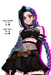 1girl absurdres alternate_costume arcane:_league_of_legends arcane_jinx arm_tattoo bare_shoulders belt black_gloves black_skirt black_thighhighs braid breasts choker crop_top detached_sleeves earrings facial_tattoo fishnets gloves goth_fashion grin highres jewelry jinx_(league_of_legends) league_of_legends long_hair looking_at_viewer medium_breasts midriff miniskirt navel purple_eyes redpostit simple_background skirt smile tattoo thighhighs thighs twin_braids white_background zettai_ryouiki