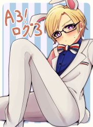 Rule 34 | 1boy, a3!, absurdres, animal ears, blonde hair, blue shirt, blush, bow, bowtie, formal clothes, frown, furuichi sakyou, highres, hottori yangu, male focus, pants, purple eyes, rabbit ears, shirt, sitting, solo, striped background, suit, sweatdrop