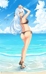 1girl absurdres ass beach beads bikini black_bikini blue_eyes blue_sky bracelet breasts cloud commentary crossed_bangs dated double-parted_bangs eiyuu_densetsu english_commentary full_body hair_between_eyes half_updo highres instagram_logo instagram_username jewelry kuro_no_kiseki_(series) lens_flare long_hair looking_at_viewer medium_breasts non-circular_lens_flare ocean one_eye_closed outdoors parachute prayer_beads sand shizuna_rem_misurugi sideburns sky smile solo swimsuit tropicalsalad18 twitter_username twitter_x_logo watermark web_address