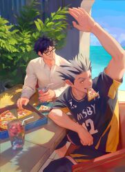 2boys absurdres akaashi_keiji arm_up beach bespectacled black-framed_eyewear black_hair blue_sky casual commentary crew_neck cup drinking_straw food food_in_mouth glasses green_eyes grey_hair haikyuu!! hashtag-only_commentary highres holding holding_cup ice ice_cube looking_to_the_side male_focus multicolored_hair multiple_boys ocean outdoors parted_bangs pepperoni pepperoni_pizza pizza pizza_box pizza_slice plant potted_plant shirt short_hair short_sleeves shorts sitting sky smile spiked_hair sportswear table teeth thick_eyebrows volleyball_uniform water yellow_eyes zeva0326
