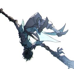 1boy au_ra black_gloves black_hair black_shoes detached_sleeves dragon_horns facing_away final_fantasy final_fantasy_xiv full_body gloves grey_pants holding holding_polearm holding_weapon horns hug_ff14 male_focus pants polearm scales shoes short_hair simple_background solo upside-down varshahn weapon white_background