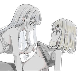 2girls bang_dream! bang_dream!_it&#039;s_mygo!!!!! bare_arms black_sports_bra blonde_hair blush bra ccc_cloudy closed_mouth clothes_lift commentary_request highres long_hair looking_at_another medium_hair misumi_uika multiple_girls shirt_lift sports_bra sweatdrop togawa_sakiko underwear white_bra yuri
