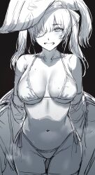 1girl bicorne bikini black_background breasts commentary cowboy_shot english_commentary eyepatch greyscale grin hair_ribbon half-closed_eyes hat hews highres hololive houshou_marine jacket large_breasts long_hair looking_at_viewer monochrome navel off_shoulder pirate_hat ribbon side-tie_bikini_bottom simple_background sketch smile solo standing straight-on sweat swimsuit thigh_gap thighs twintails undressing unfinished virtual_youtuber wide_hips