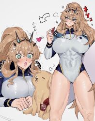 Rule 34 | 1girl, barghest (fate), barghest (over the same sky) (fate), blonde hair, blue eyes, blush, breasts, dog, fang, fate/grand order, fate (series), hair ornament, heart, highres, koani11111, large breasts, long hair, one-piece swimsuit, open mouth, ponytail, skin fang, swimsuit, thighs, whistle, whistle around neck, white one-piece swimsuit