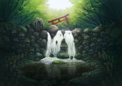 Rule 34 | absurdres, commentary request, day, forest, fox statue, highres, inari, nature, no humans, original, outdoors, ruins, scenery, shrine, statue, suzuke, torii, tree, water, waterfall