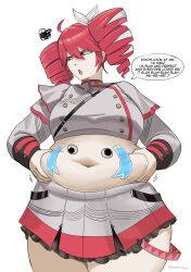 1girl absurdres ahoge alternate_body_size belly belly_grab belt big_belly black_belt black_sleeve_cuffs breasts buttons commentary cosplay double-breasted drill_hair english_commentary english_text fat fat_rolls fat_woman googly_eyes grey_skirt gus_(emmarrgus) hair_between_eyes hand_on_own_stomach hatsune_miku hatsune_miku_(cosplay) highres kasane_teto kasane_teto_(sv) layered_skirt layered_sleeves lips long_sleeves looking_to_the_side medium_breasts mocking navel obese plump red_eyes red_hair red_skirt red_trim shirt shoulder_belt shoulder_boards simple_background skirt skirt_set solo speech_bubble synthesizer_v tape thick_thighs thighs twin_drills utau white_background