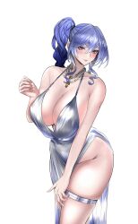 1girl alternate_costume azur_lane bare_shoulders blue_hair blush breasts cleavage collarbone dress earrings hair_ornament highres jewelry large_breasts looking_at_viewer necklace official_alternate_costume plunging_neckline ponytail purple_eyes sidelocks silver_dress simple_background solo st._louis_(azur_lane) st._louis_(luxurious_wheels)_(azur_lane) swavigg swept_bangs thigh_strap thighs white_background