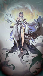 Rule 34 | 1girl, absurdres, bare shoulders, black gloves, black hair, blue hair, breasts, colored inner hair, commentary, english commentary, floating, full body, gloves, highres, japanese clothes, kimono, large breasts, long hair, long pointy ears, long sleeves, looking at viewer, multicolored hair, nail polish, original, platform sandals, pointy ears, sandals, smjim1986, solo, streaked hair, thigh strap, toenail polish, toenails, very long hair, white hair, white kimono, white nails, wide sleeves, yellow eyes