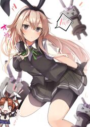 2girls bike_shorts black_gloves black_hairband black_neckerchief black_shorts black_skirt blonde_hair blue_sailor_collar blue_skirt chibi chibi_inset collared_shirt commentary_request cosplay costume_switch crop_top dress_shirt elbow_gloves giraffe_(ilconte) gloves grey_eyes hairband highres kagerou_(kancolle) kagerou_(kancolle)_(cosplay) kagerou_kai_ni_(kancolle) kagerou_kai_ni_(kancolle)_(cosplay) kantai_collection long_hair microskirt miniskirt multiple_girls neckerchief pleated_skirt rensouhou-chan sailor_collar shimakaze_(kancolle) shimakaze_(kancolle)_(cosplay) shirt shorts shorts_under_skirt simple_background skirt sleeveless sleeveless_shirt solo_focus spoken_blush striped_clothes striped_thighhighs thighhighs white_background white_gloves white_shirt