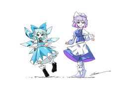 Rule 34 | 2girls, apron, aqua hair, aqua skirt, aqua vest, black shoes, blue eyes, blue ribbon, blue skirt, blue vest, bow, bowtie, cirno, closed mouth, collared shirt, fairy, hair ornament, hair ribbon, hands on own hips, hat, highres, ice, ice wings, juliet sleeves, lapel pin, letty whiterock, long sleeves, multiple girls, open mouth, perfect cherry blossom, pin, puffy long sleeves, puffy short sleeves, puffy sleeves, purple eyes, purple hair, red bow, red bowtie, ribbon, shirt, shoes, short sleeves, signature, simple background, skirt, sleeves past wrists, socks, sweater, tongue, touhou, turtleneck, turtleneck sweater, vest, wavy hair, white apron, white background, white hat, white shirt, white socks, white sweater, wings, yoiy san