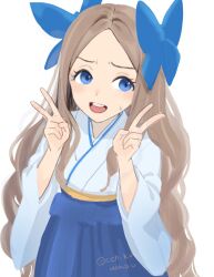 1girl asakaze_(kancolle) blue_bow blue_eyes blue_hakama blue_kimono bow brown_hair cchikuwabu cowboy_shot double_v forehead hakama japanese_clothes kantai_collection kimono long_hair meiji_schoolgirl_uniform one-hour_drawing_challenge open_mouth parted_bangs round_teeth simple_background solo teeth twitter_username upper_teeth_only v wavy_hair white_background