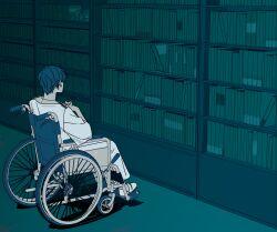 1boy absurdres blue_theme bookshelf commentary_request facing_away from_side full_body highres indoors maelo male_focus meguriya_ayumu monochrome own_hands_together shirt short_hair sitting solo toshi_densetsu_kaitai_center wheelchair