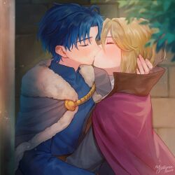 2boys alain_(unicorn_overlord) auch_(unicorn_overlord) bishounen black_robe blonde_hair blue_cloak blue_eyes blue_hair blue_robe blue_shirt blush brick_wall cloak closed_eyes curtained_hair eyelashes from_side hair_between_eyes highres light_particles long_sleeves male_focus multiple_boys parted_bangs profile robe shirt short_hair signature turtleneck turtleneck_shirt unicorn_overlord upper_body yaoi yatyou6666