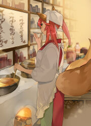 1girl animal_ears apron bandana cooking cowboy_shot cup fate/grand_order fate_(series) firewood fox_ears fox_girl fox_tail frilled_apron frills from_side highres holding holding_cup holding_ladle japanese_clothes jar kimono kitchen ladle long_sleeves looking_ahead medium_hair multiple_tails natsuko_(summer_525528) oven pink_hair profile red_kimono sakazuki solo tail tamamo_(fate) tamamo_no_mae_(fate/extra) twintails white_apron white_bandana wok yellow_eyes