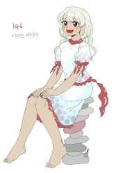 1girl absurdres bare_legs barefoot blouse blush breasts brown_eyes commentary_request dark-skinned_female dark_skin derivative_work ebisu_eika flat_color full_body grey_hair hands_on_own_knees highres korean_commentary kuya_(hey36253625) long_earlobes open_mouth patterned_clothing puffy_short_sleeves puffy_sleeves rock rock_balancing shirt short_sleeves simple_background sitting skirt skirt_set small_breasts stack stone toes touhou translation_request white_background white_shirt white_skirt wily_beast_and_weakest_creature