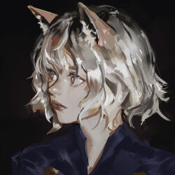 Rule 34 | 1girl, 1other, androgynous, animal ears, black background, black hair, blue shirt, cat ears, chimera ant, curly hair, gradient hair, highres, hunter x hunter, lips, looking at another, looking at viewer, multicolored hair, neferpitou, nose, other focus, painterly, pluvium grandis, red eyes, red lips, shirt, short hair, simple background, solo, white hair