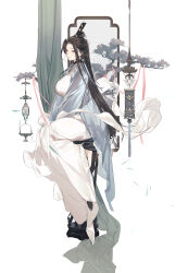 1boy absurdres black_hair black_shoes breasts brown_eyes choker curtains dress forehead full_body gebijiade_89 highres large_breasts long_hair long_sleeves looking_at_viewer mole mole_under_eye original parted_lips pink_ribbon ribbon shoes simple_background sitting smile solo tree white_background white_dress