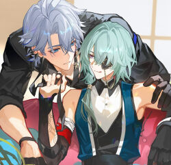Rule 34 | 2boys, anaxa (honkai: star rail), antenna hair, aqua eyes, aqua hair, black choker, black gloves, black shirt, blue eyes, blush, chinese commentary, choker, collared shirt, commentary request, crystal earrings, earclip, earrings, eyepatch, gloves, hand on another&#039;s shoulder, honkai: star rail, honkai (series), jewelry, looking at another, male focus, multicolored eyes, multiple boys, official alternate costume, parted bangs, parted lips, pectoral cleavage, pectorals, phainon (fashion) (honkai: star rail), phainon (honkai: star rail), ponytail, purple eyes, qing, shirt, short hair, sleeveless, sleeveless shirt, two-tone eyes, white hair, white shirt, yaoi