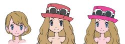 2024_pokemon_teraleak alternate_hairstyle bag blonde_hair blue_eyes boots concept_art hat long_hair looking_at_viewer nintendo nude official_art open_mouth pants pokemon pokemon_xy serena_(pokemon) shade simple_background smile sugimori_ken