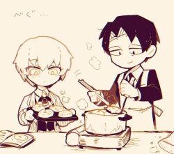 Rule 34 | 1boy, 1girl, angela (project moon), ascot, book, chopsticks, closed mouth, coat, collared shirt, cooking, donut, food, greyscale, holding, holding chopsticks, holding tray, ladle, library of ruina, long sleeves, monochrome, parted bangs, portable stove, project moon, roland (project moon), shirt, short hair, smile, surumenabe, tray