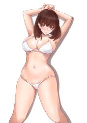 1girl against_wall armpits arms_up bikini breasts brown_hair cleavage feet_out_of_frame large_breasts navel nobita_(nbnobita) original presenting_armpit red_eyes short_hair solo standing swimsuit white_bikini