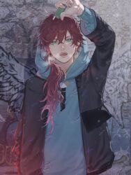 1boy absurdres arm_up black_jacket blue_hoodie cigarette cigarette_pack commentary_request double-parted_bangs earrings gradient_hair hair_between_eyes highres holding holding_cigarette_pack hood hoodie jacket jewelry kanonkyo lauren_iroas lauren_iroas_(3rd_costume) layered_sleeves long_sleeves male_focus multicolored_hair nijisanji open_clothes open_jacket open_mouth piercing red_hair solo teeth tongue upper_teeth_only virtual_youtuber