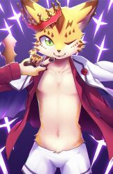 1boy animal_ears boxers claws coat coat_on_shoulders commentary_request furry furry_male green_eyes highres leopard_boy leopard_ears looking_at_viewer male_focus male_underwear navel one_eye_closed open_clothes open_shirt pawpads raijin_(shinobidx) shota smile tokyo_houkago_summoners underwear white_coat white_male_underwear young_ose_(housamo)