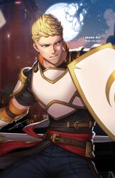 1boy armor belt black_shirt blonde_hair blue_eyes breastplate broken_moon brown_belt building character_name cloud commentary copyright_name crocea_mors_(rwby) denim english_commentary highres holding holding_shield holding_sword holding_weapon jaune_arc jeans moon night night_sky official_art pants pauldrons rwby shield shirt short_hair shoulder_armor signature sky solo sword uyalago weapon