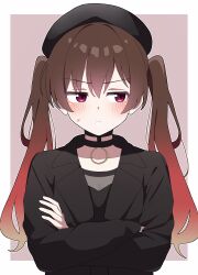 Rule 34 | 1girl, absurdres, averting eyes, beret, black choker, black dress, black hat, black jacket, blush, bocchi the rock!, border, breasts, brown background, brown hair, choker, cleavage, closed mouth, commentary request, crossed arms, dress, embarrassed, gradient hair, hat, highres, jacket, korean commentary, long hair, long sleeves, looking to the side, multicolored hair, ootsuki yoyoko, outside border, red eyes, red hair, sidelocks, solo, twintails, upper body, vector (dmlddmld00), white border
