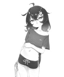 1boy ahoge bulge clothes_lift cowboy_shot dolphin_shorts greyscale gun hair_between_eyes hair_ornament hairclip handgun holding holding_gun holding_weapon lifting_another&#039;s_clothes long_hair looking_at_viewer male_focus monochrome navel original self-harm_scar shintikku shirt shirt_lift short_sleeves shorts simple_background solo stomach t-shirt weapon white_background